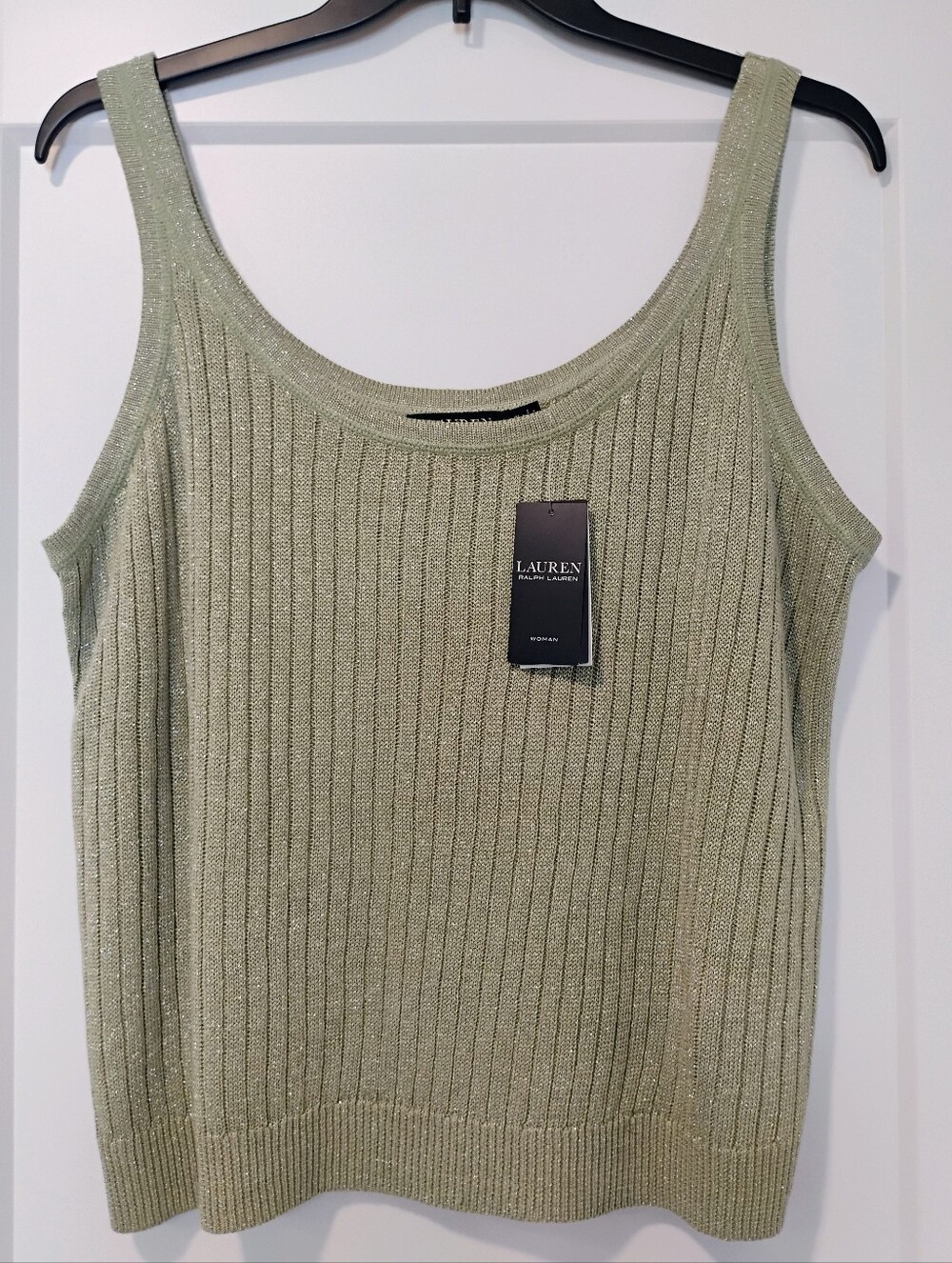 NWT 1X Ralph Lauren Woman Metallic Sage Green Channel Knit Sweater Tank Top NEW